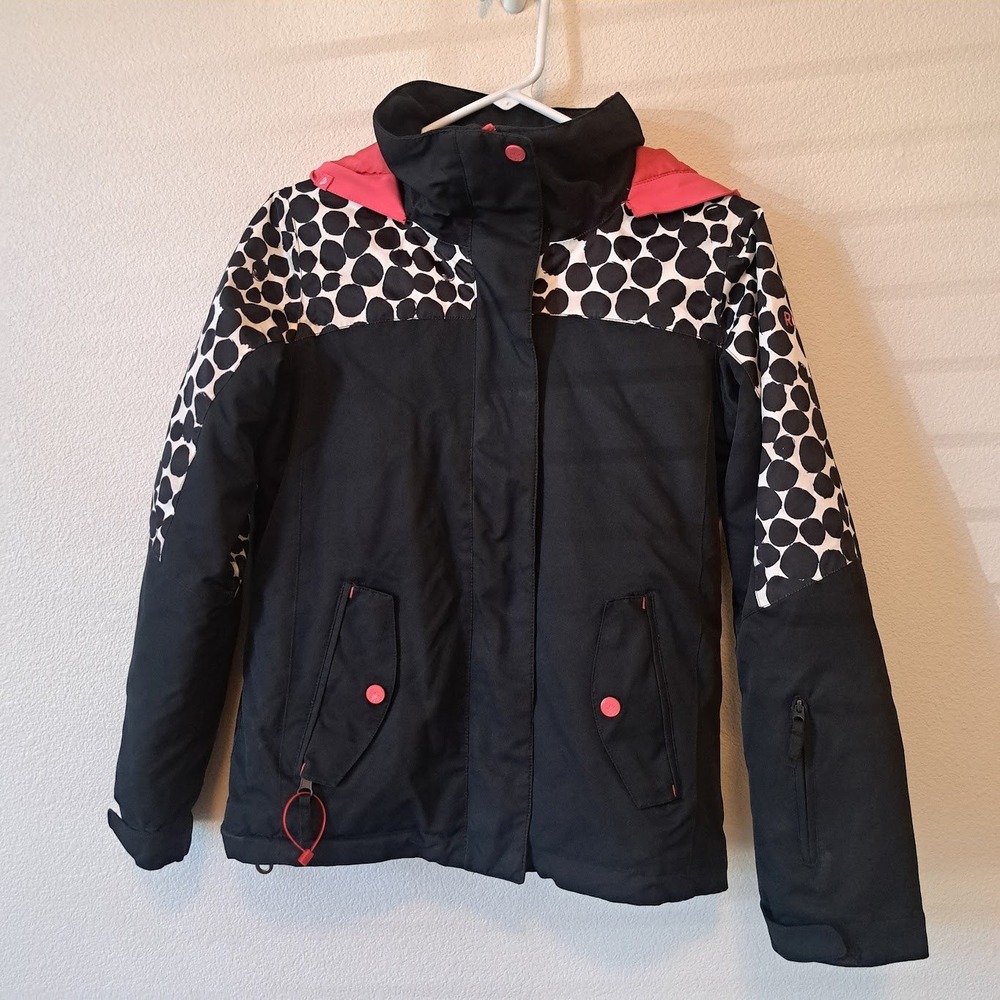 Roxy Girls Snow Jacket Black White Polka Dot Pink Hood Insulated Ski Coat